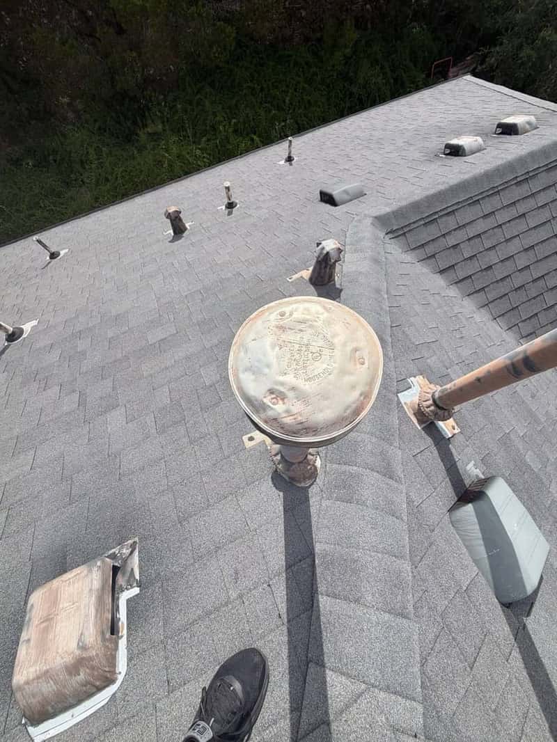 Wide view down a large gray shingle roof lined with old vent caps and tree canopy beyond