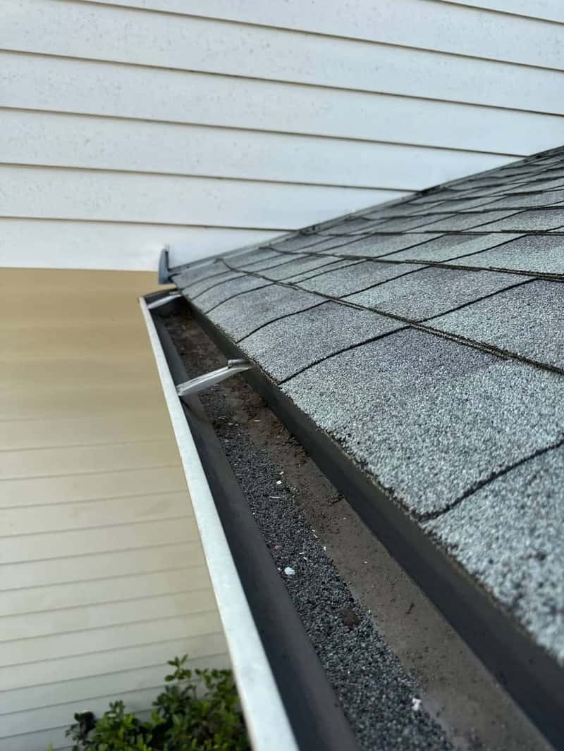 Debris-filled gutter running beneath a shingle roof edge and drip-edge flashing